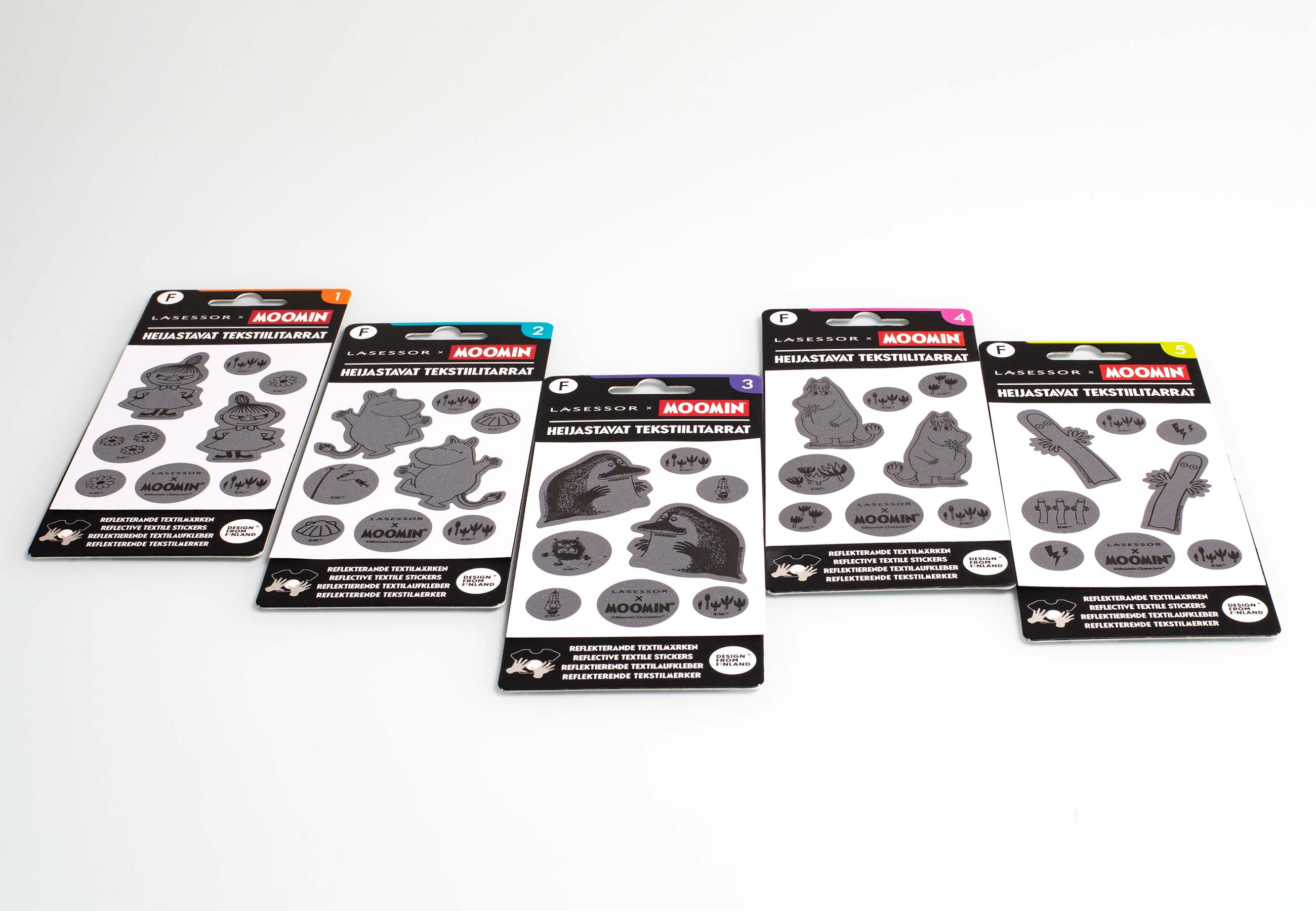 Muumi heijastava tekstiilitarra 1 Pikku Myy Muumipeikko Mörkö Hattivatti Niiskuneiti