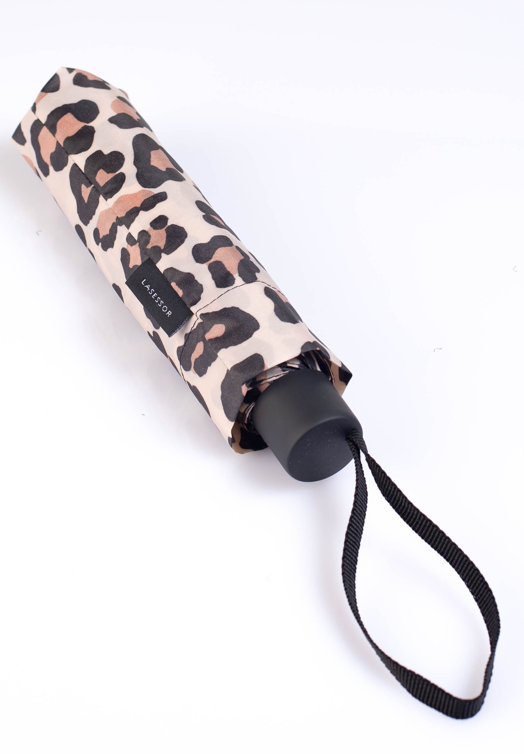 Edullinen kokoontaitettava sateenvarjo beige pantterikuosi 3A