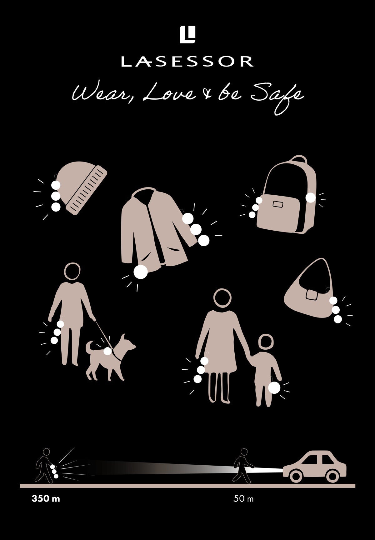 Lasessor shine Wear Love and Be Safe koruheijastin turvaa liikenteessa